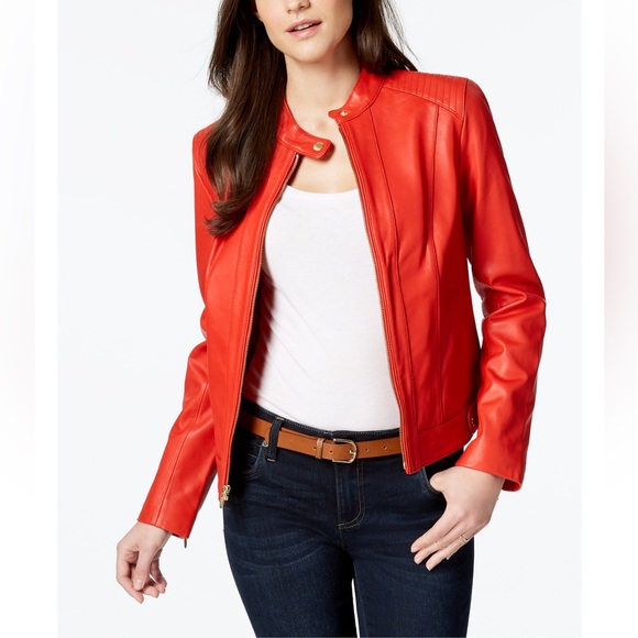 NWT Cole Haan Seamed Genuine Lambskin Leather Red Moto Jacket Women’s XS